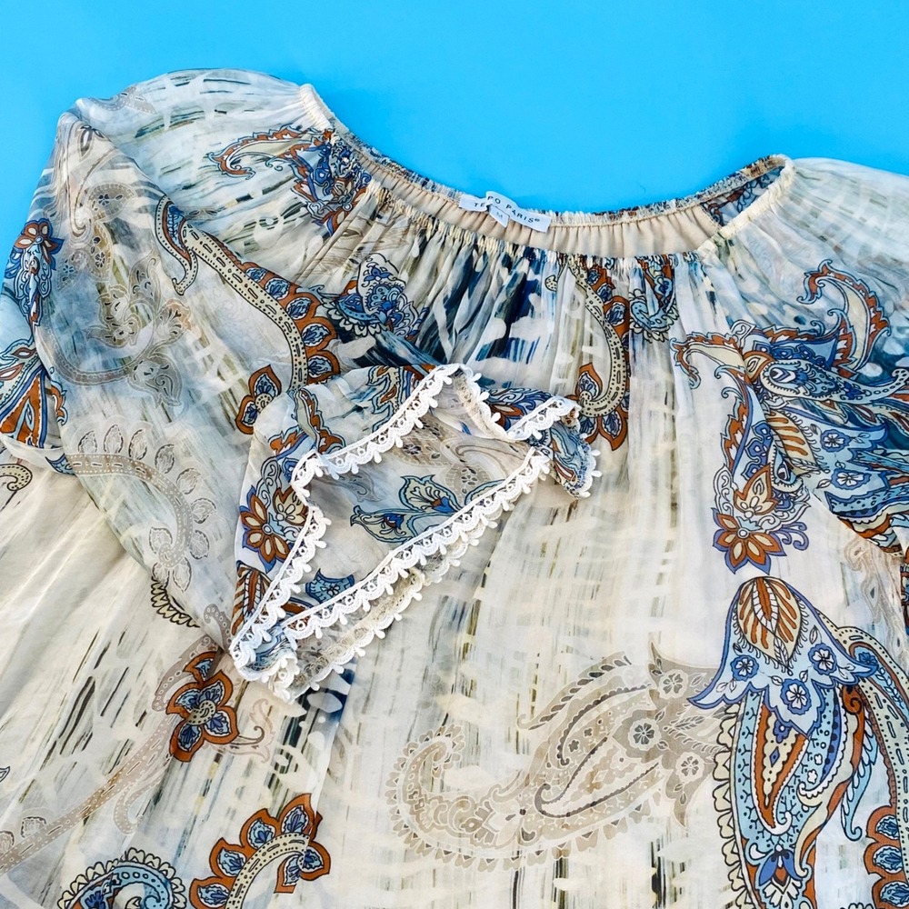 Tempo Paris‎ Womens Medium Silk Paisley Lace Trim Blouse Blue Tan Made in Italy